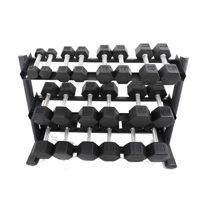 TKO 5-50lb Dumbbell Set with 3 Tier Rail Rack
