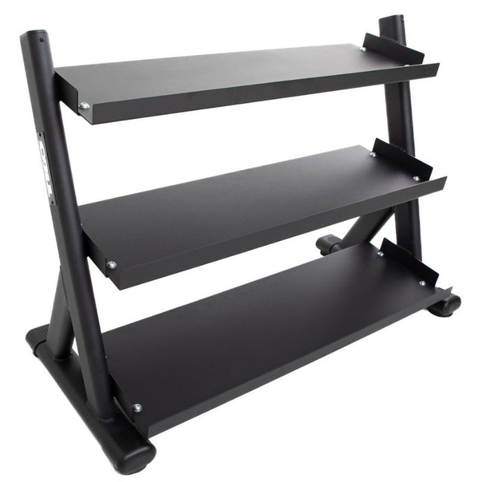 TKO Strength 6235-B 3 Tier Shelf Dumbbell Rack - Black Frame Angled View from Front