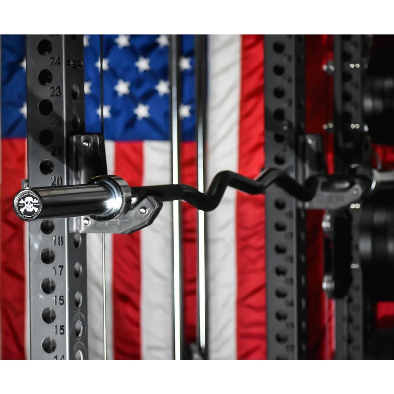 Bare Steel Equipment Rackable Curl Bar with American Flag Backdrop
