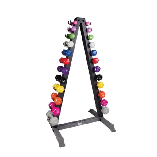 Body-Solid 12 Pair Neoprene Dumbbells With Vertical Dumbbell Rack GDR24-NPACK 3D View With Neoprene Dumbbells