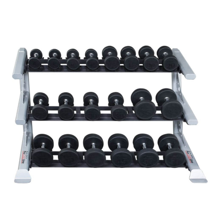 Body-Solid ProClub SDKR1000SD 3 Tier Saddle Dumbbell Rack 3D View With Dumbbells