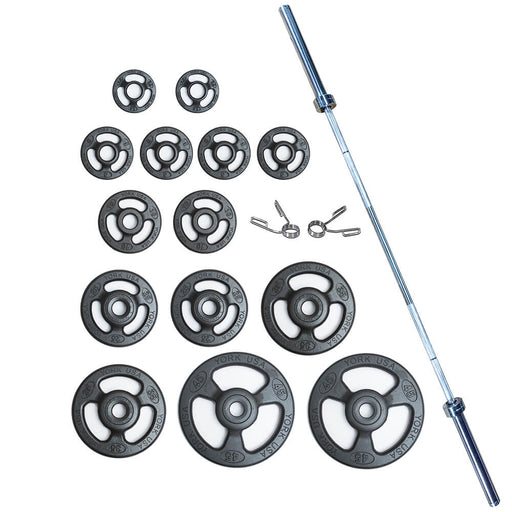 York Barbell ISO-GRIP 300 lb Int'l Set (2 x 45 lb, 35 lb, 25 lb, 10 lb, 2.5 lb, & 4 x 5 lb) 32113, pr. Spring Collars - Bk Family