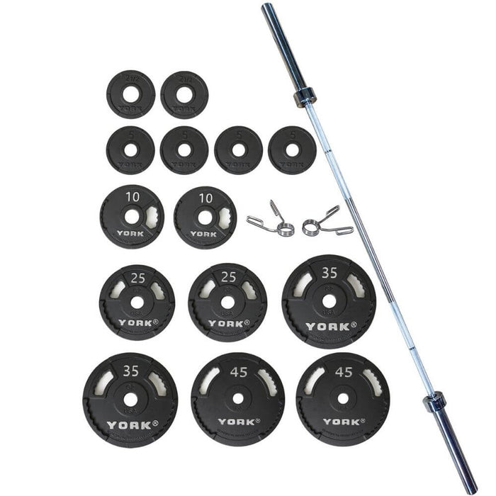 York Barbell 2898 G-2 Cast Iron Olympic Plate & Barbell Set 300