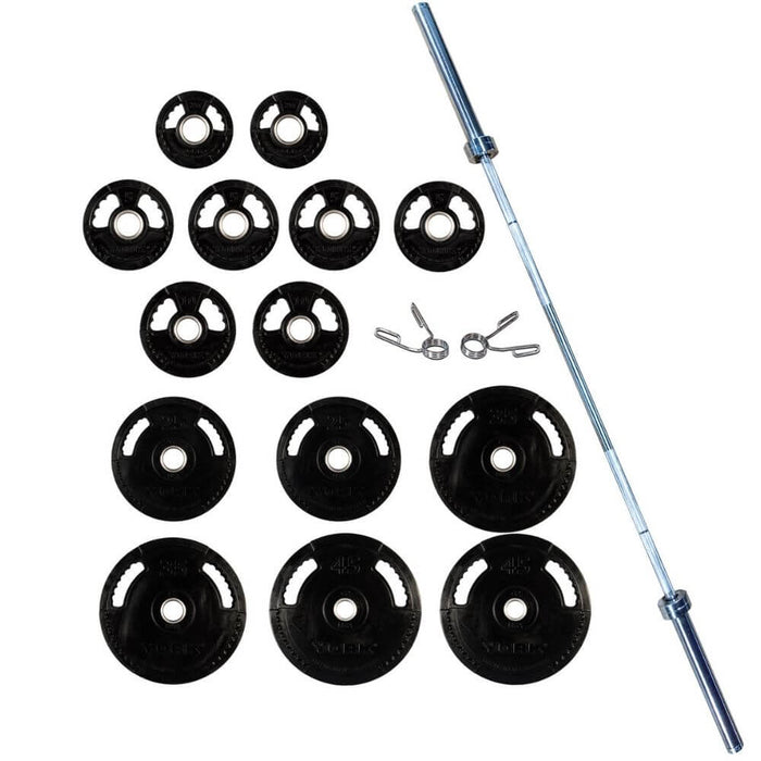 York Barbell 29084 G-2 Rubber Encased Olympic Plate & Barbell Set