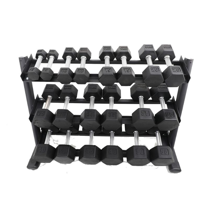 TKO 5-50lb Dumbbell Set with 3-Tier Rail Rack