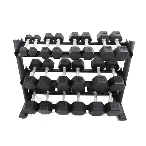 TKO 5-50lb Dumbbell Set with 3 Tier Rail Rack