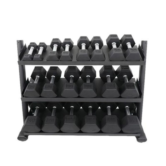 TKO Strength 3 Tier Shelf Dumbbell Rack 6235-B front view with dumbbells