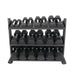 TKO Strength 3 Tier Shelf Dumbbell Rack 6235-B front view with dumbbells