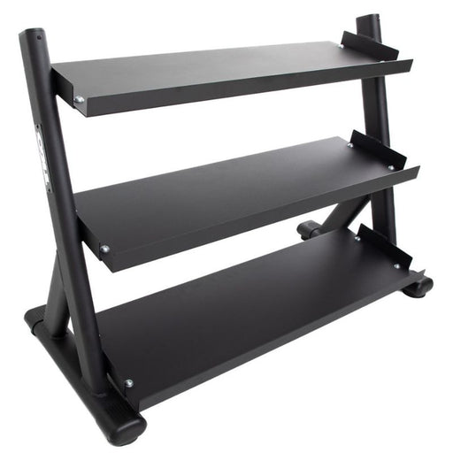 TKO Strength 6235-B 3 Tier Shelf Dumbbell Rack - Black Frame Angled View from Front