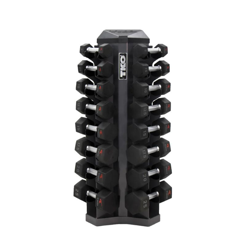 TKO 8-Pair Rubber Hex Dumbbell Set with Vertical Rack