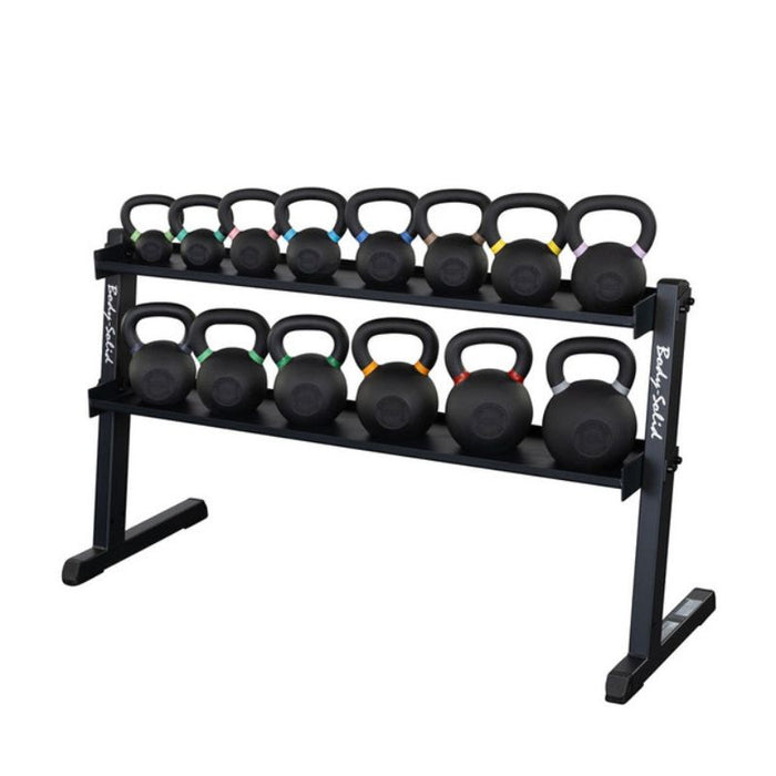 Body-Solid 2-Tier Kettlebell Rack GKR60 with cast iron kettlebells