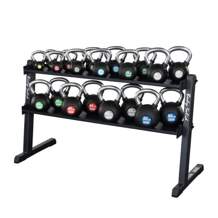 Body-Solid 2-Tier Kettlebell Rack GKR60 with chrome handle kettlebells