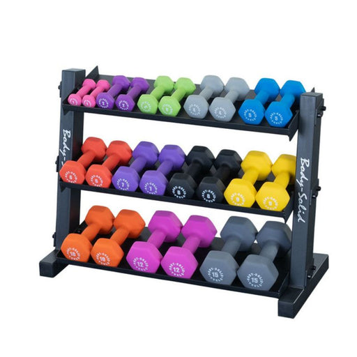 Body-Solid 3-Tier Vinyl and Neoprene Dumbbell Rack GDR34B loaded set side