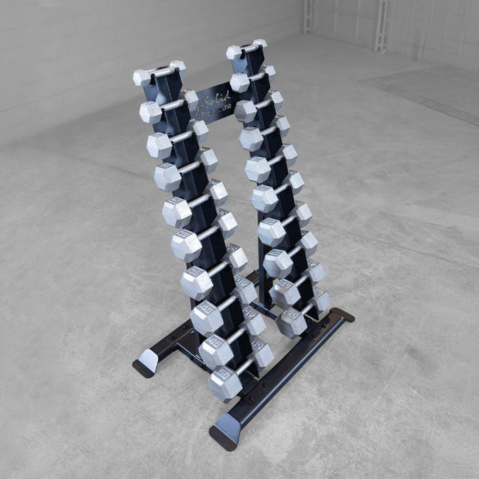 Body-Solid SRD300 Vertical Dumbbell Rack with Cast Iron Dumbbells Angled View