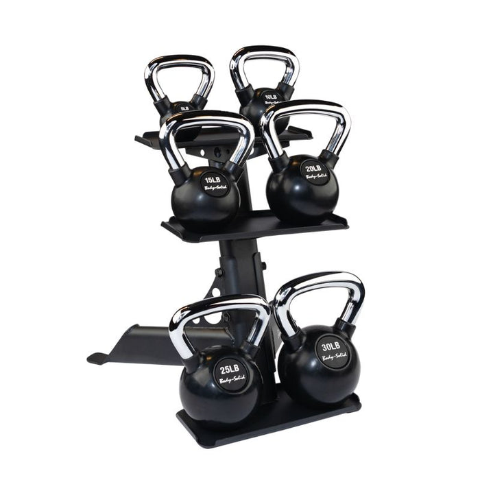 Body-Solid Compact Kettlebell Rack GDKR50 with chrome kettlebells