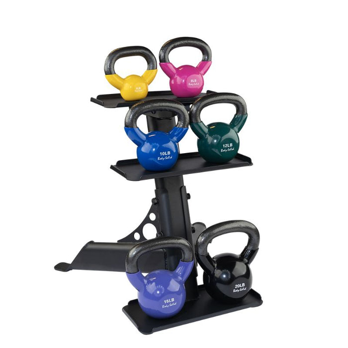 Body-Solid Compact Kettlebell Rack GDKR50 with mixed colored kettlebells