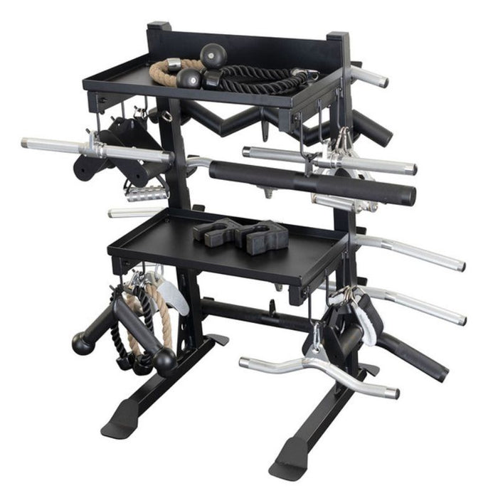 Body-Solid Pro Clubline Accessory Rack SAR100 loaded with accessories side view