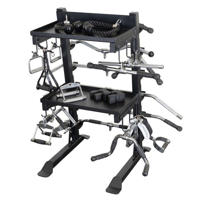 Body-Solid Pro Clubline Accessory Rack SAR100 loaded with attachments front view