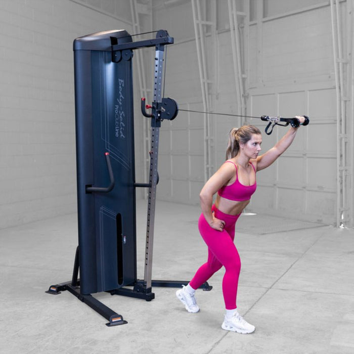 Body-Solid Pro Clubline Series 2 Cable Column S2CCX demo woman single arm overhead press