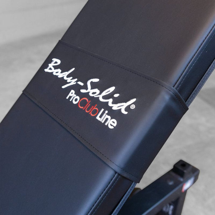 Body-Solid SFI20 Pro Clubline Flat to Incline Bench Back Pad Branding and Stitching Close Up