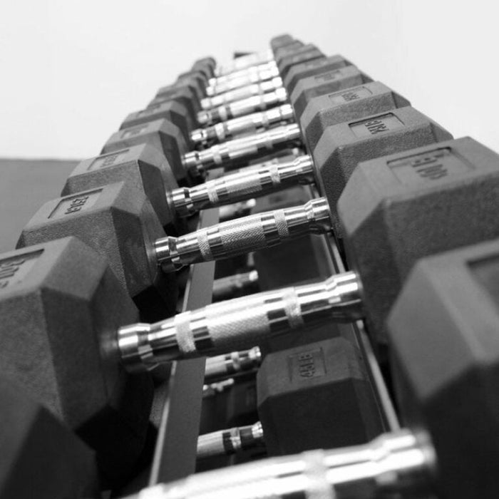 BodyKore Rubber Hex Dumbbell Set 5-100lb with G243 knurled handle close up