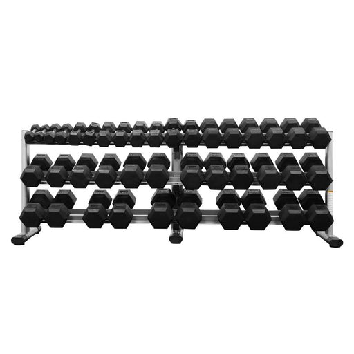 BodyKore Rubber Hex Dumbbell Set 5-100lb with G243 silver frame