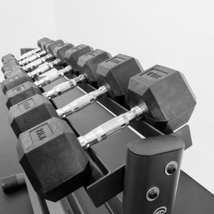 BodyKore Rubber Hex Dumbbell Set 5-50lb with G241 close up angle