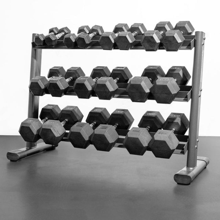 BodyKore Rubber Hex Dumbbell Set 5-50lb with G241 full rack front side view