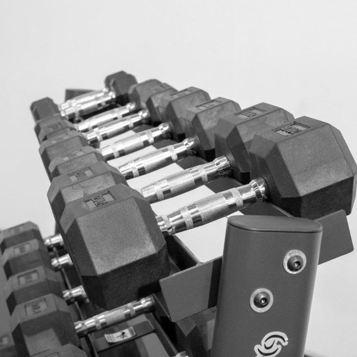 BodyKore Rubber Hex Dumbbell Set 5-50lb with G241 knurled handle detail