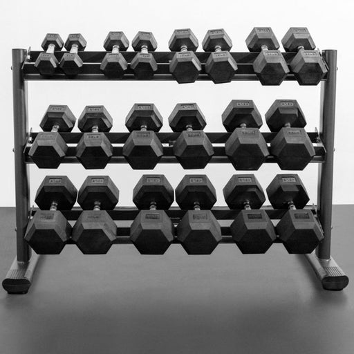 BodyKore Rubber Hex Dumbbell Set 5-50lb with G241 rack loaded front