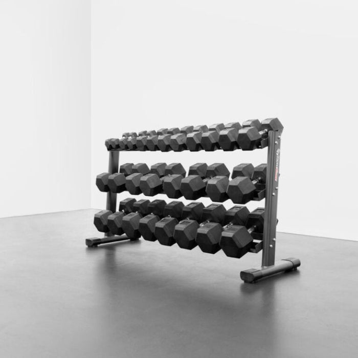 BodyKore Rubber Hex Dumbbell Set 5-70lb with G242 angled rack view