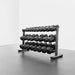 BodyKore Rubber Hex Dumbbell Set 5-70lb with G242 angled rack view