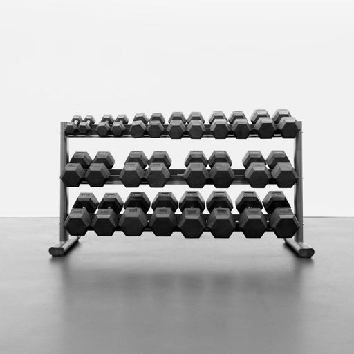 BodyKore Rubber Hex Dumbbell Set 5-70lb with G242 front loaded view