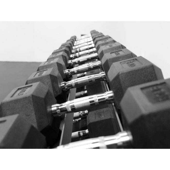 BodyKore Rubber Hex Dumbbell Set 5-70lb with G242 knurled handle close up