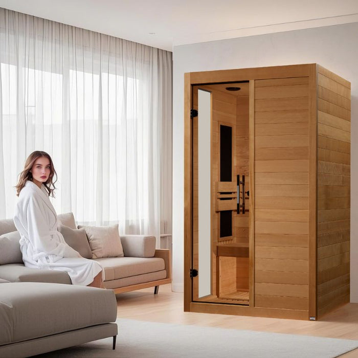 Dynamic Lucca Low EMF Sauna DYN-6215-05 lifestyle room install with woman