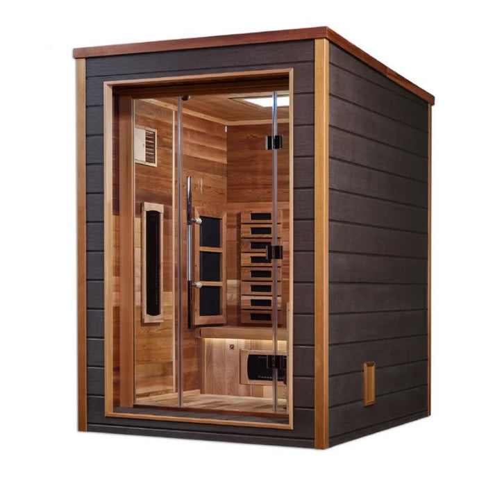 Golden Designs Nora Hybrid Outdoor Sauna GDI-8222-01 angled front exterior view