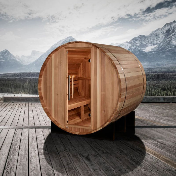 Golden Designs St. Moritz 2-Person Barrel Traditional Sauna GDI-B002-01 lifestyle mountain deck view