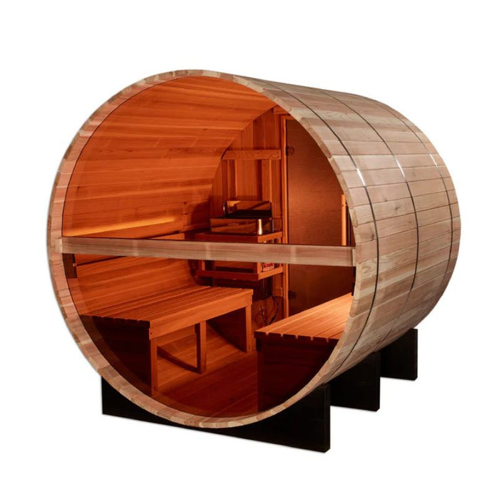Golden Designs Zurich 4-Person Barrel Traditional Sauna GDI-B024-01 interior wide cutaway view