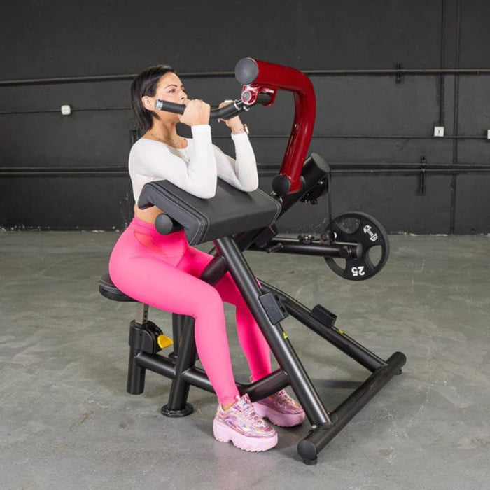 Muscle D Power Leverage V2 Biceps Preacher Curl female seated preacher curl start