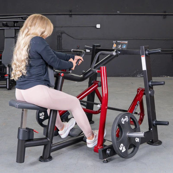 Muscle D Power Leverage V2 Dual Hinge Seated Row female athlete angled