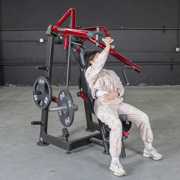 Muscle D Power Leverage V2 Incline Chest Press Female Finish Position