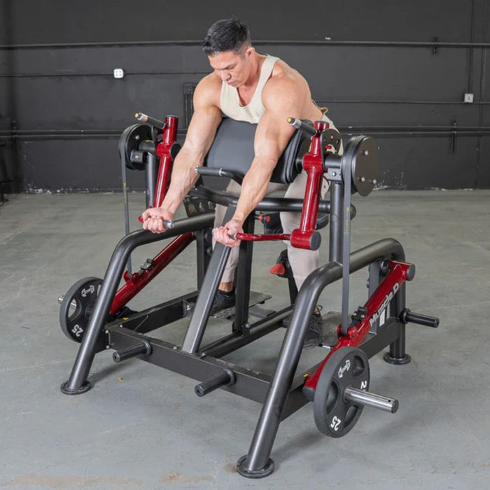 Muscle D Power Leverage V2 Iso Lateral Biceps Preacher Curl male extended position