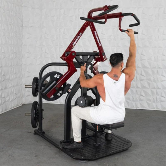 Muscle D Pro Strength Rotary Lat Pull-Down seated back view top reach