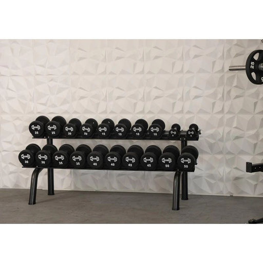 Muscle D Pro Urethane Dumbbells Paired On Rack
