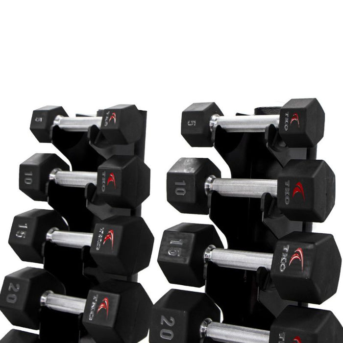 TKO 10-Pair Tri-Grip Urethane Hex Dumbbell Set with Rack loaded closeup