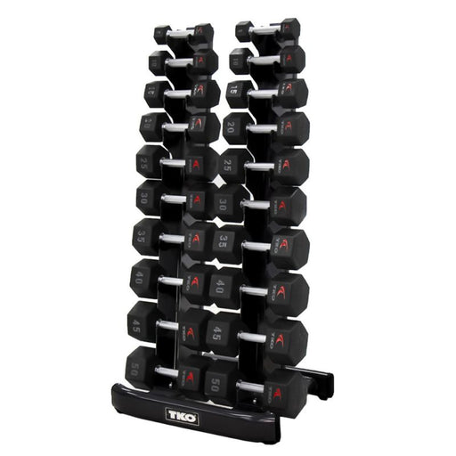TKO 10-Pair Tri-Grip Urethane Hex Dumbbell Set with Rack loaded front side view