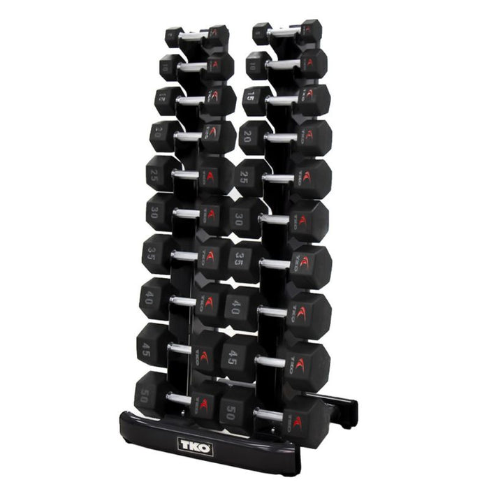 TKO 10-Pair Tri-Grip Urethane Hex Dumbbell Set with Rack loaded front side view