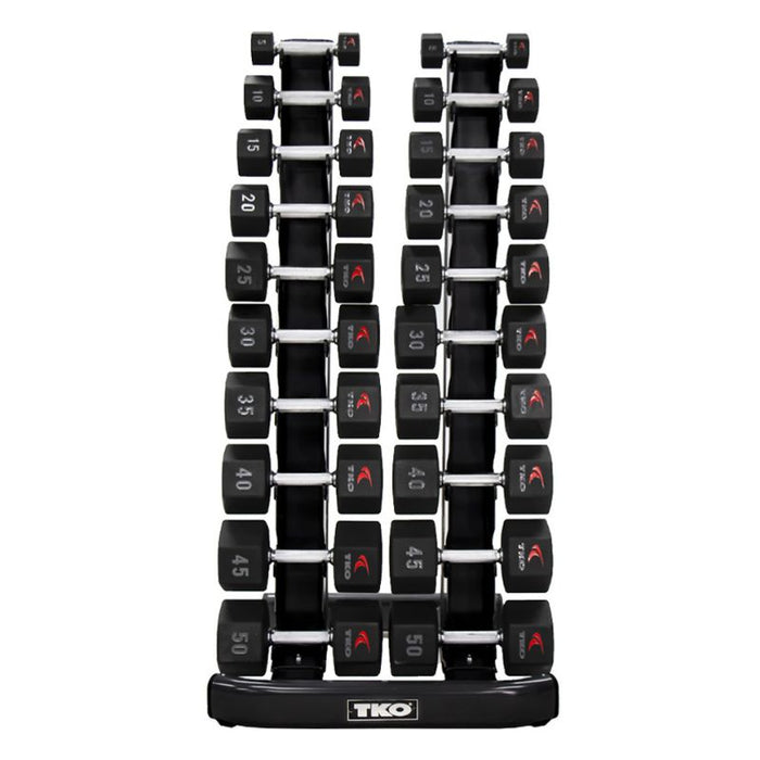TKO 10-Pair Tri-Grip Urethane Hex Dumbbell Set with Rack