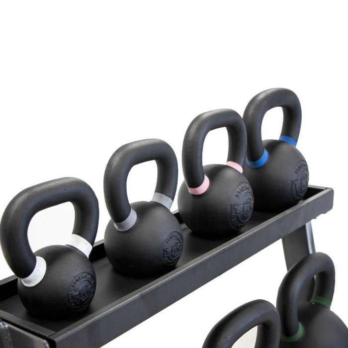 TKO 4-36kg Cast Kettlebell Set with 3-Tier Rack closeup top row