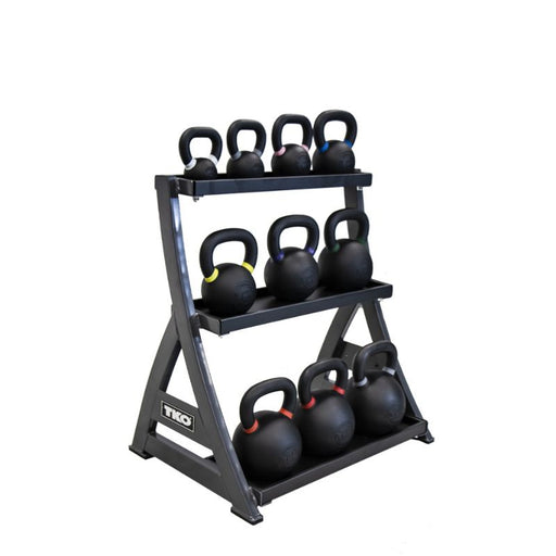 TKO 4-36kg Cast Kettlebell Set with 3-Tier Rack loaded angle view